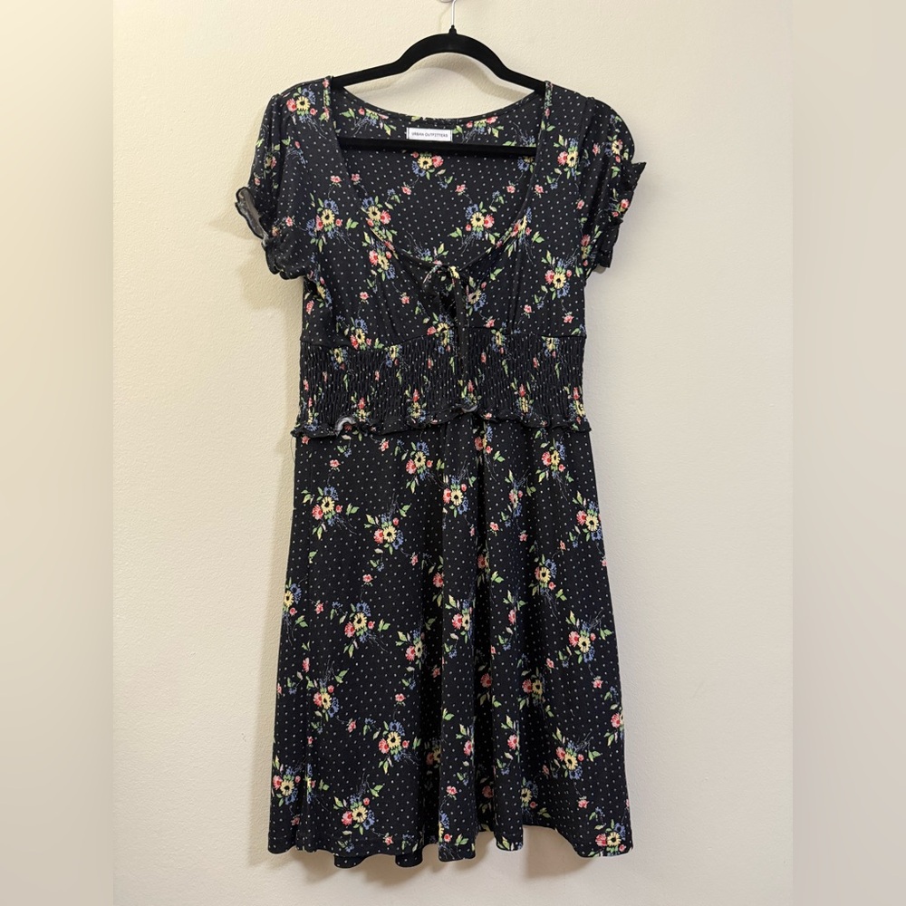 Urban Outfitters Floral Polka Dot Mini Dress with Smocked Waist in black ‎ - S